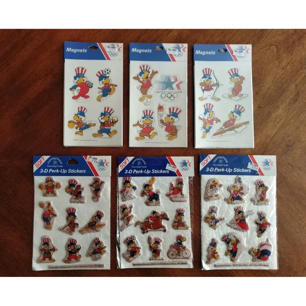 Lot 1984 Olympics Magnets 3 Packs + 3 Puffy 3D Perk Up Stickers Sam The Eagle